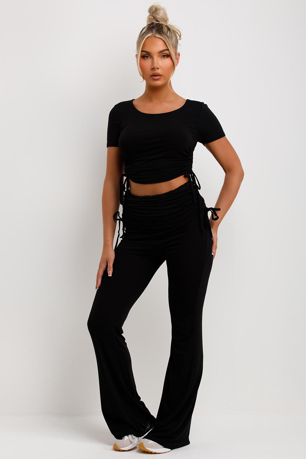 ruched side fold detail flare trousers and crop top co ord set