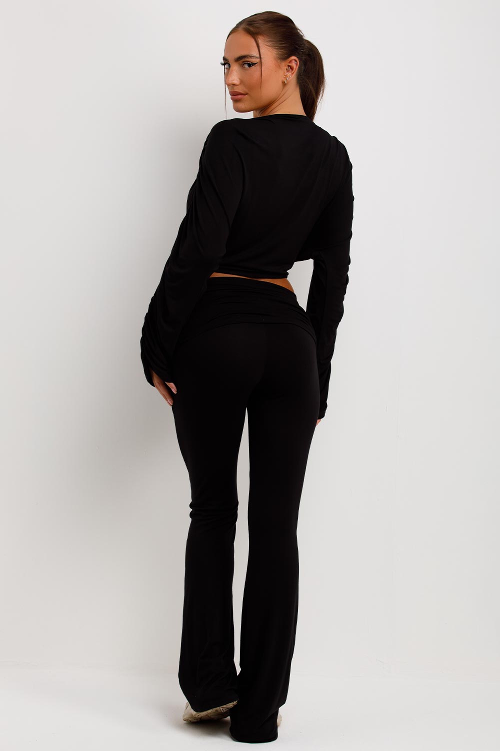 fold flare trousers top and ruched sleeve cardigan three piece matching set loungewear