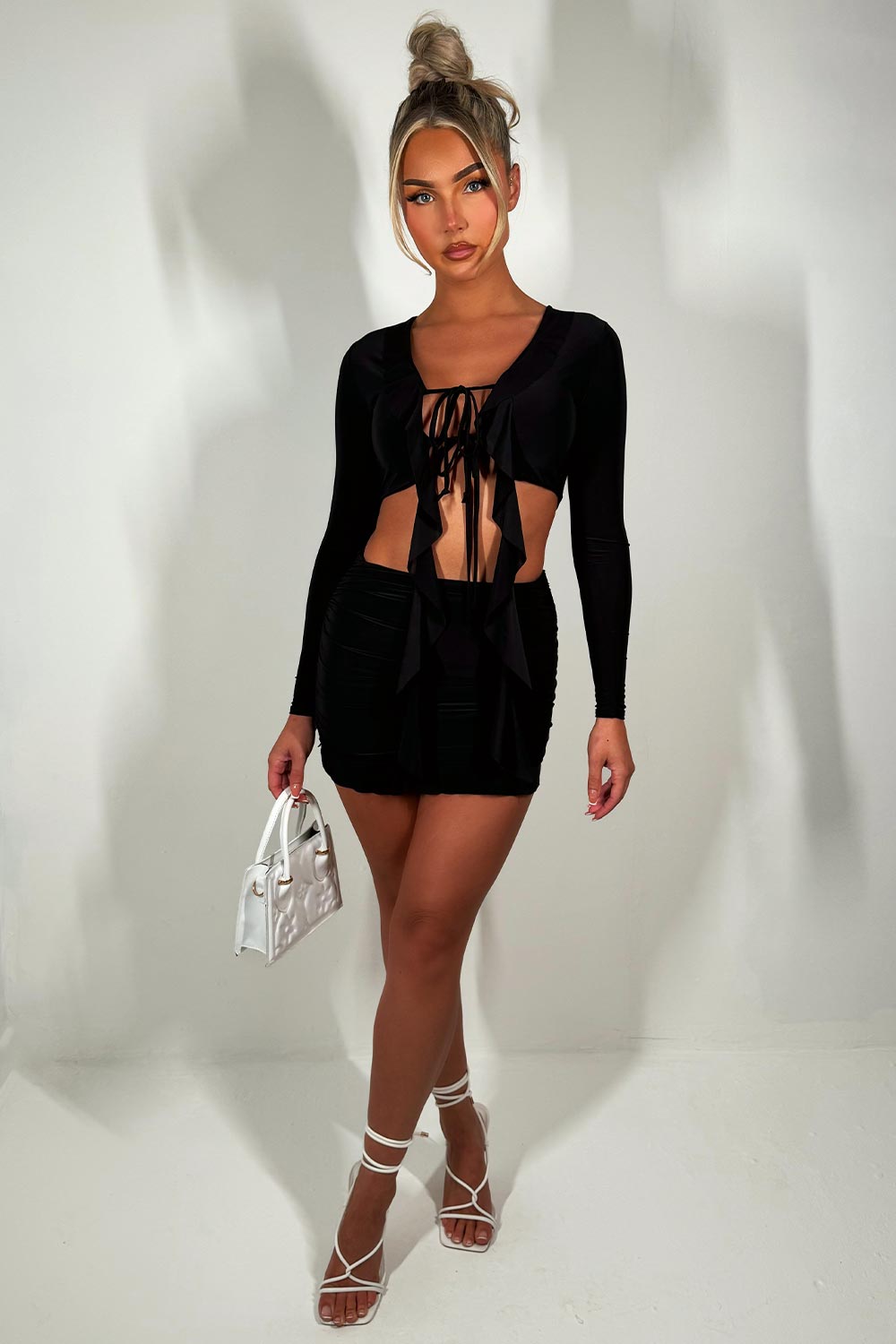 festival mini skirt and tie front long sleeve frilly top set going out holiday outfit