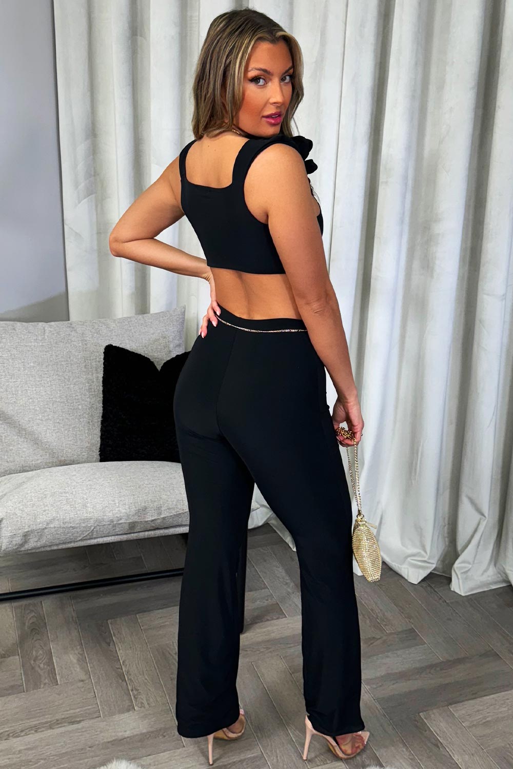 womens ruched gathered detail sleeveless top and straight leg trousers two piece set going out party outfit