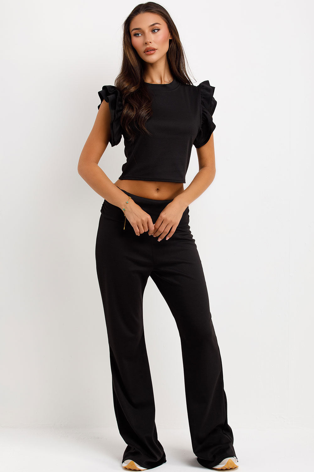 frill ruffle sleeve top and fold flare trousers two piece set
