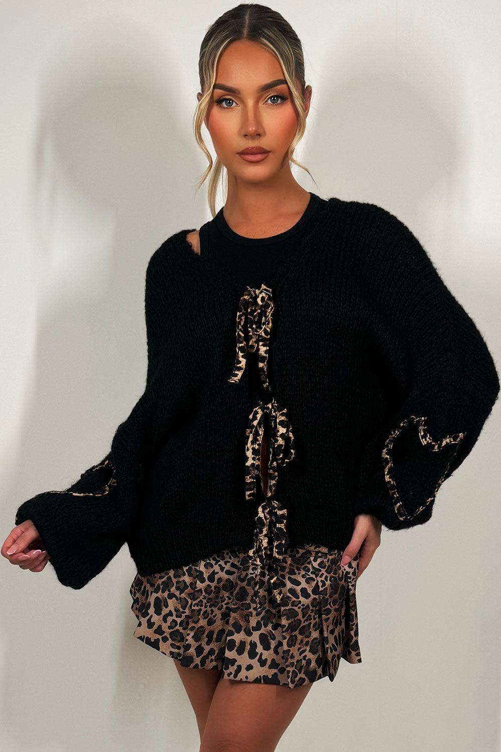leopard print tie front cardigan knitwear