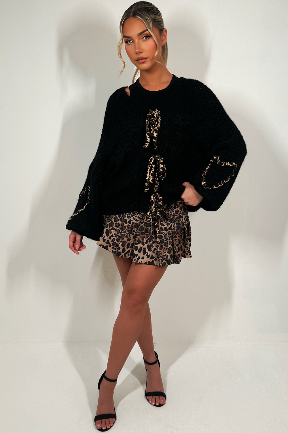 knitted cardigan with leopard print tie front womens knitwear