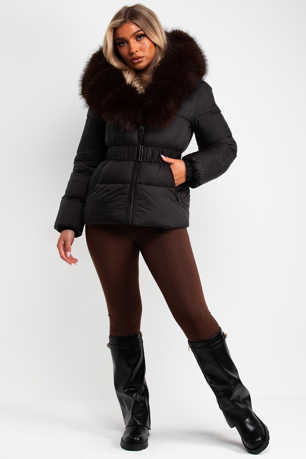 womens down puffer jacket with fur hood styledup uk