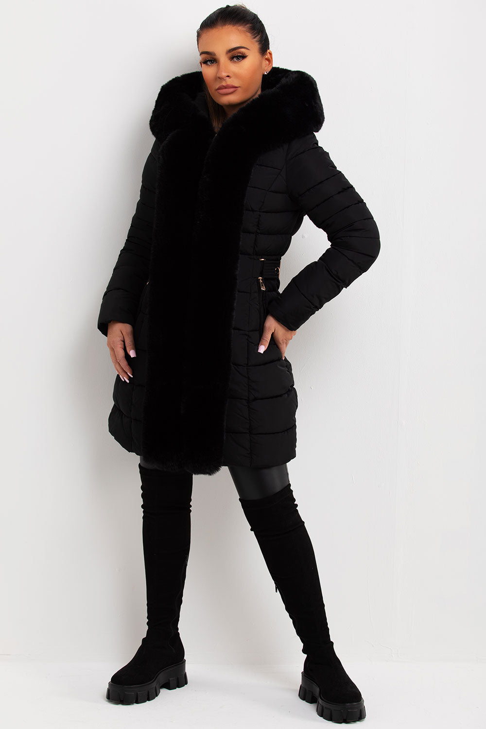 womens long puffer coat with faux fur hood and trim sale