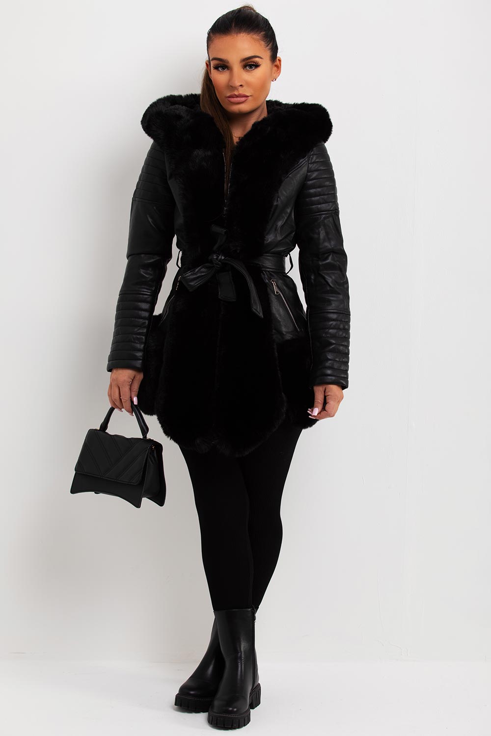 faux fur hood faux leather jacket with belt womens