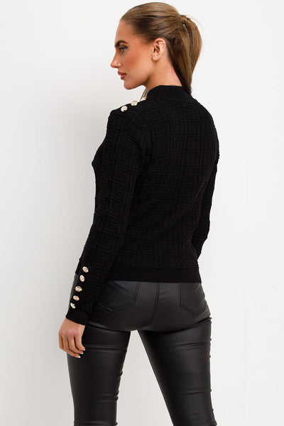 Women's Jumper With Gold Buttons And Embossed Detailing Black ...