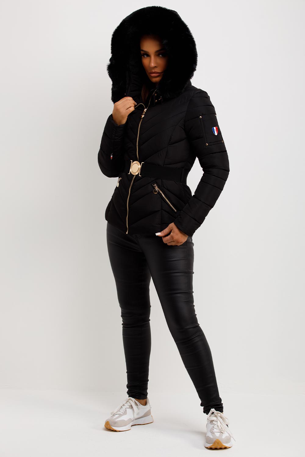 womens black puffer coat with fur hood and belt