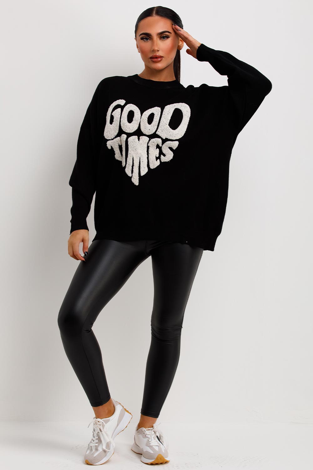 womens knitted oversized jumper with good times towelling