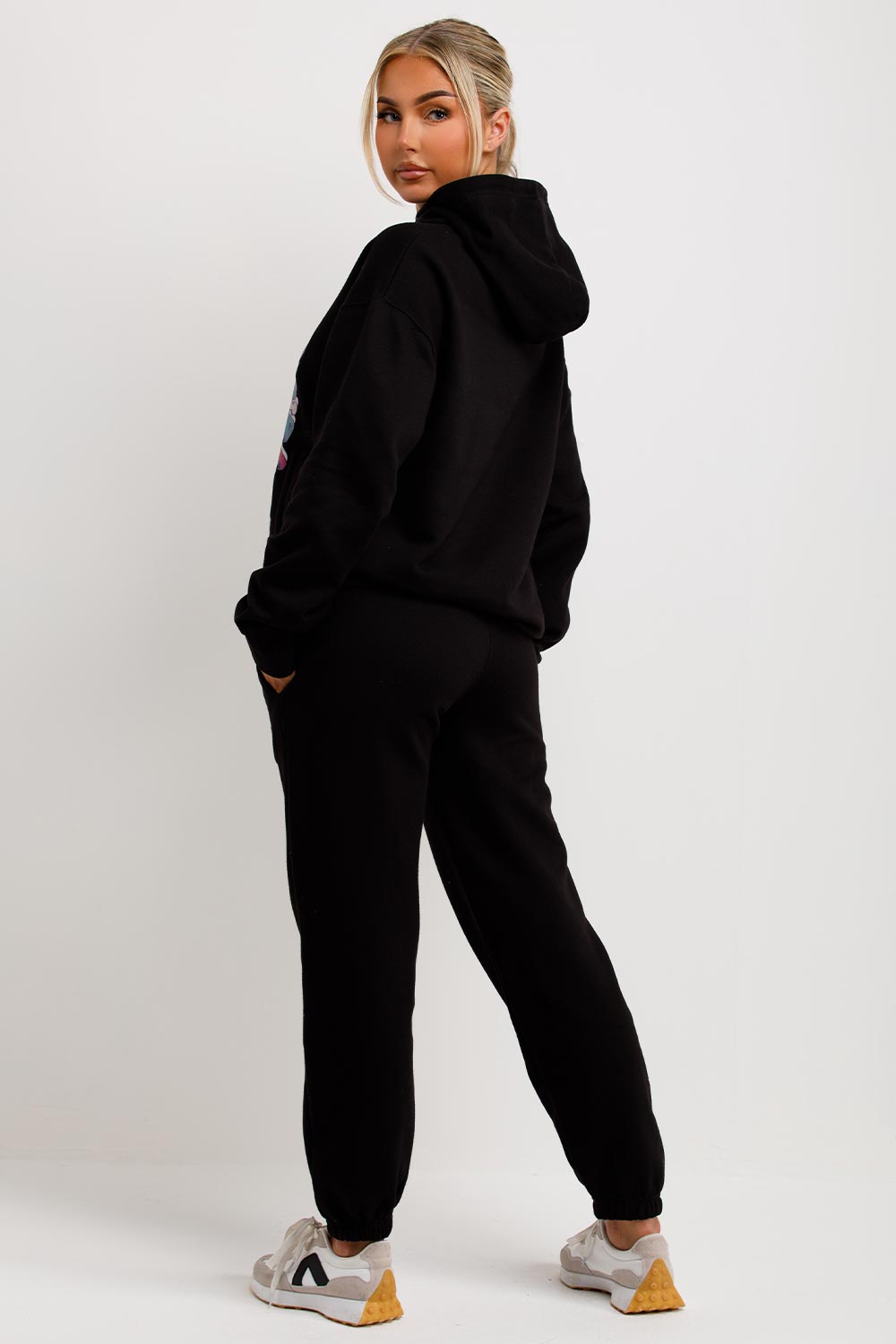 womens black oversized hoodie and joggers co ord set radical teddy graphic print