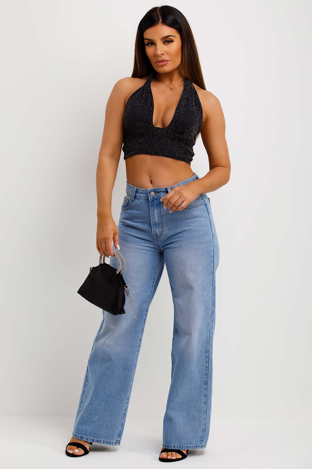 sparkly rave halterneck crop top going out outfit
