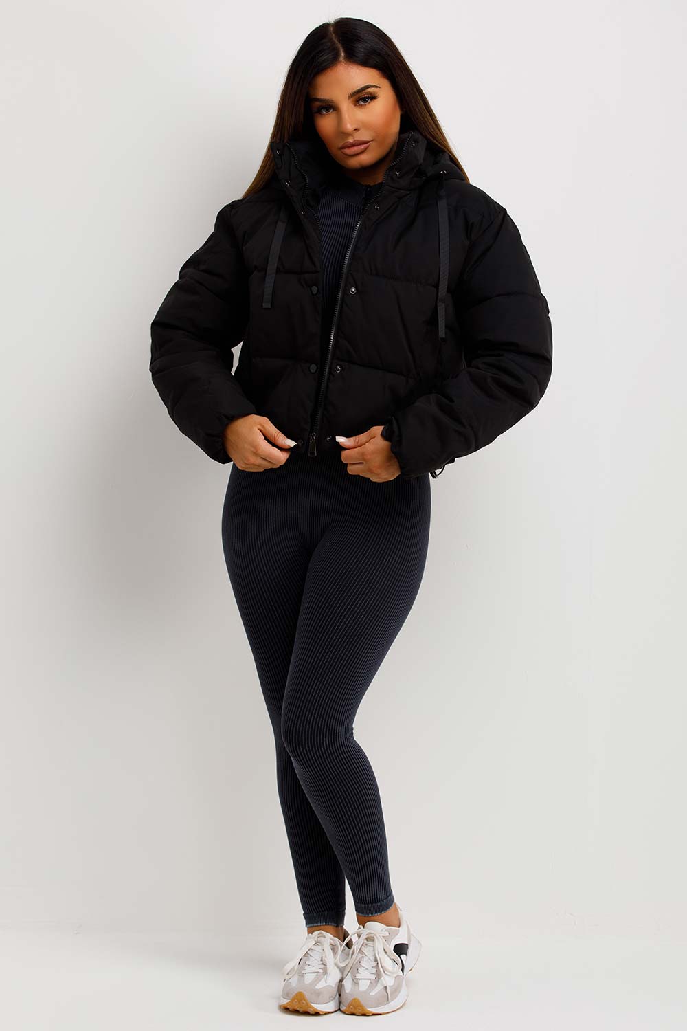 womens hooded padded puffer jacket black