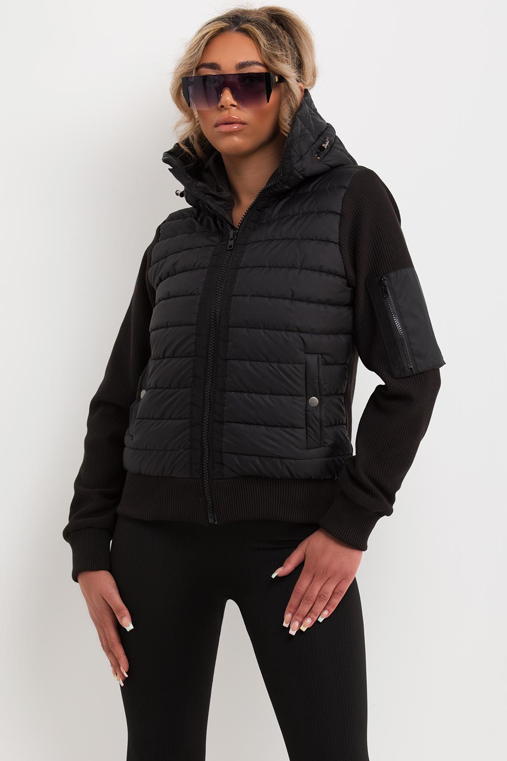 womens hooded puffer ribbed jacket prada inspired