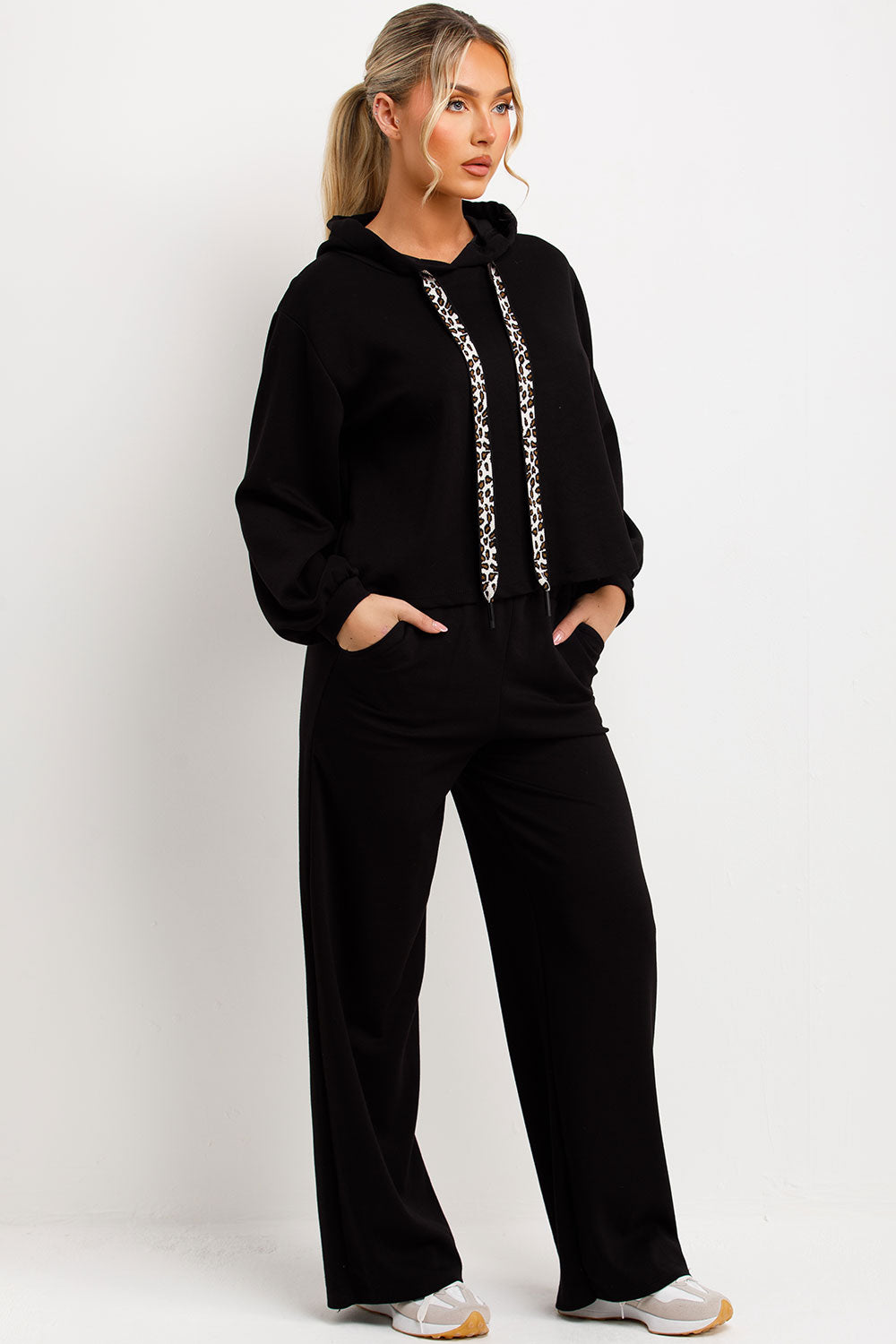 womens hoodie and trousers loungewear set with leopard print straps