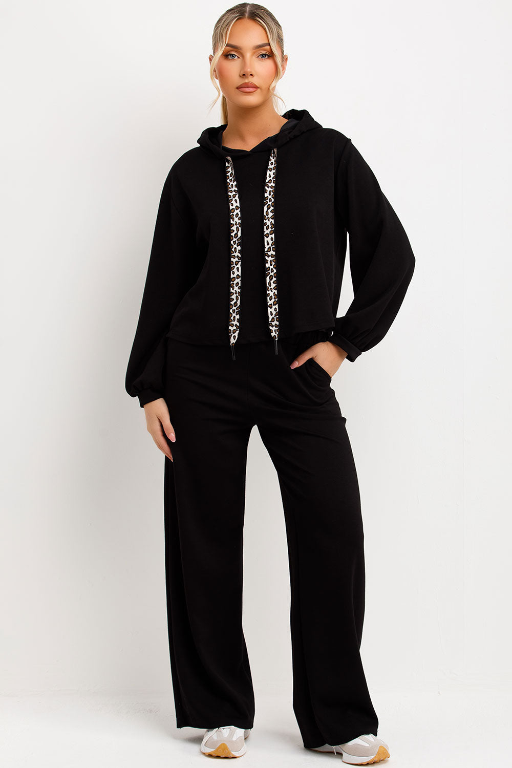 womens hoodie with leopard print drawstrings and straight leg jogger trousers loungewear set zara