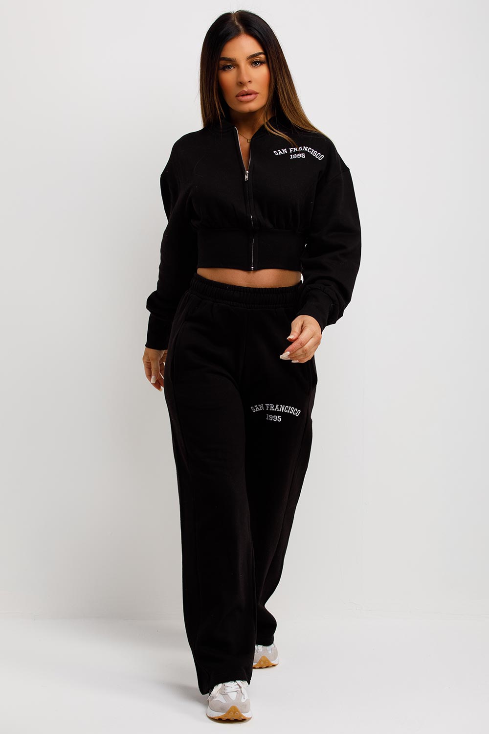 womens straight leg joggers and crop zipper jacket tracksuit set