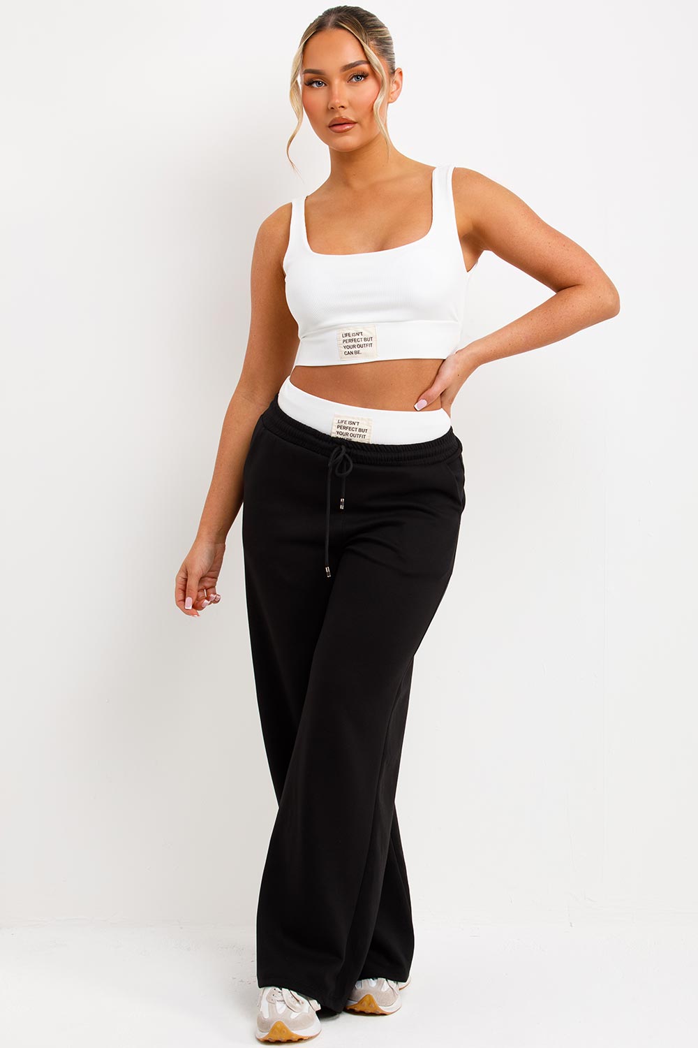 womens boxer detail drawstring joggers and crop top two piece tracksuit set black