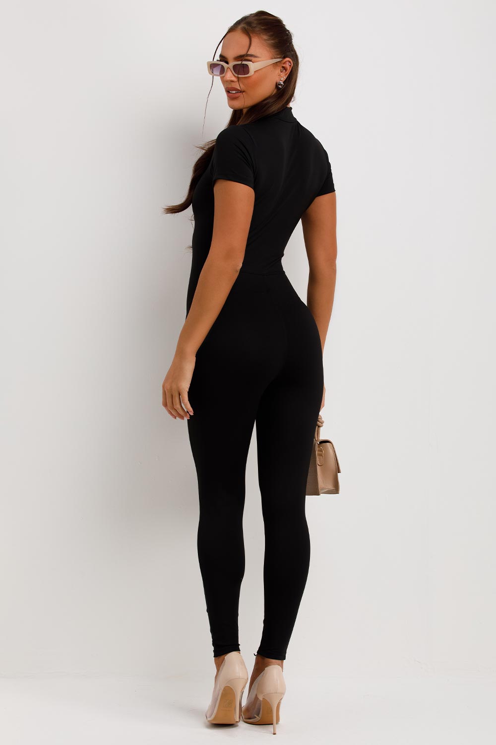 short sleeve sculpt contour zip front unitard
