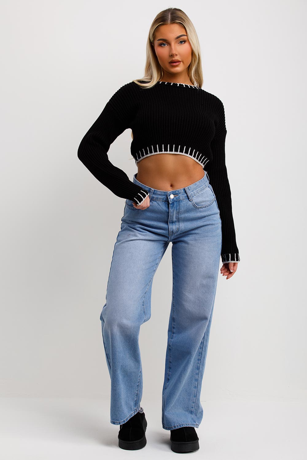 blanket stitches detail crop jumper black knitwear