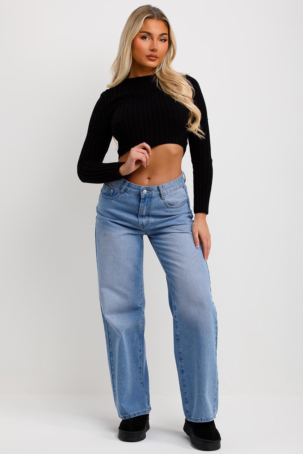 womens black crop jumper with long sleeves