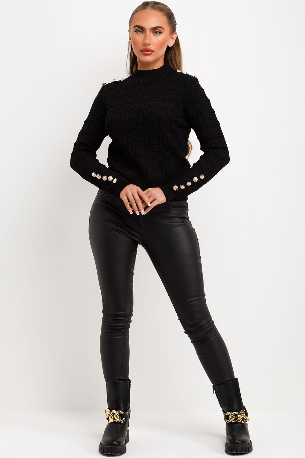 gold button knitted jumper womens knitwear