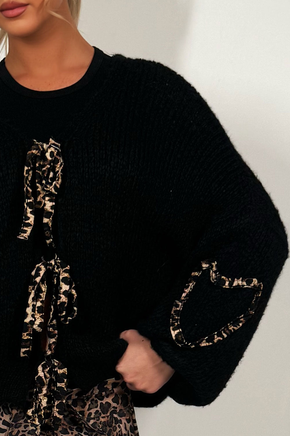 long sleeve leopard print tie front knitted cardigan womens knitwear