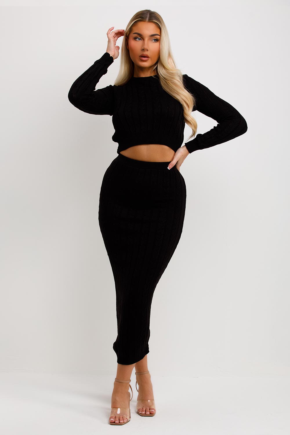 womens knitted skirt and top co ord set