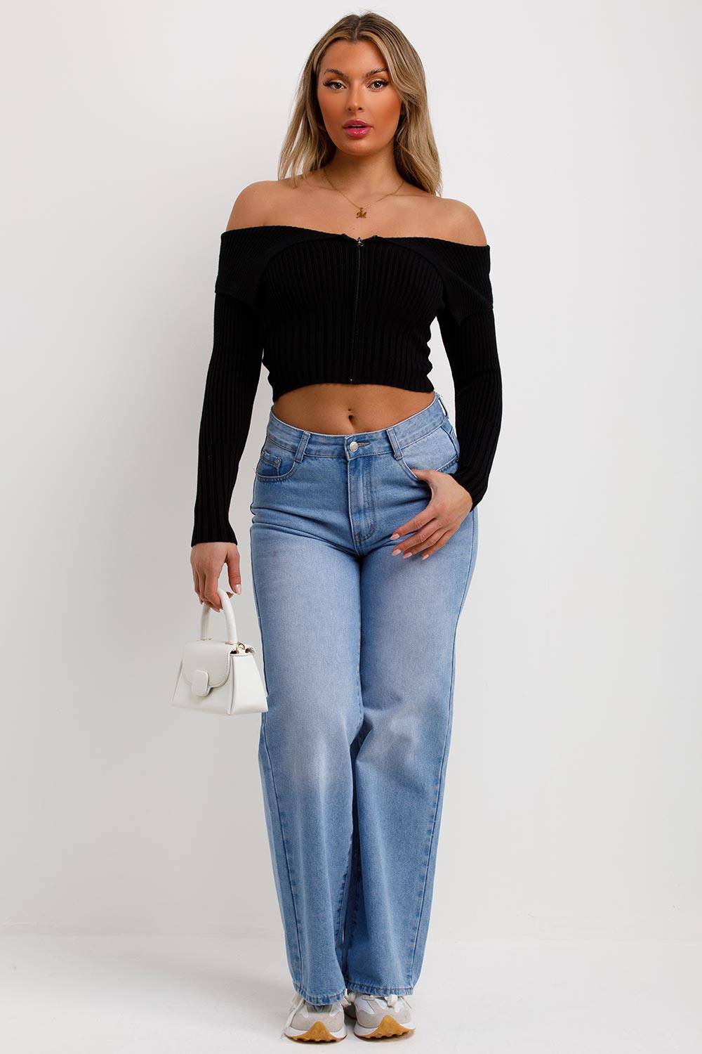 zip front long sleeve jumper fold over detail