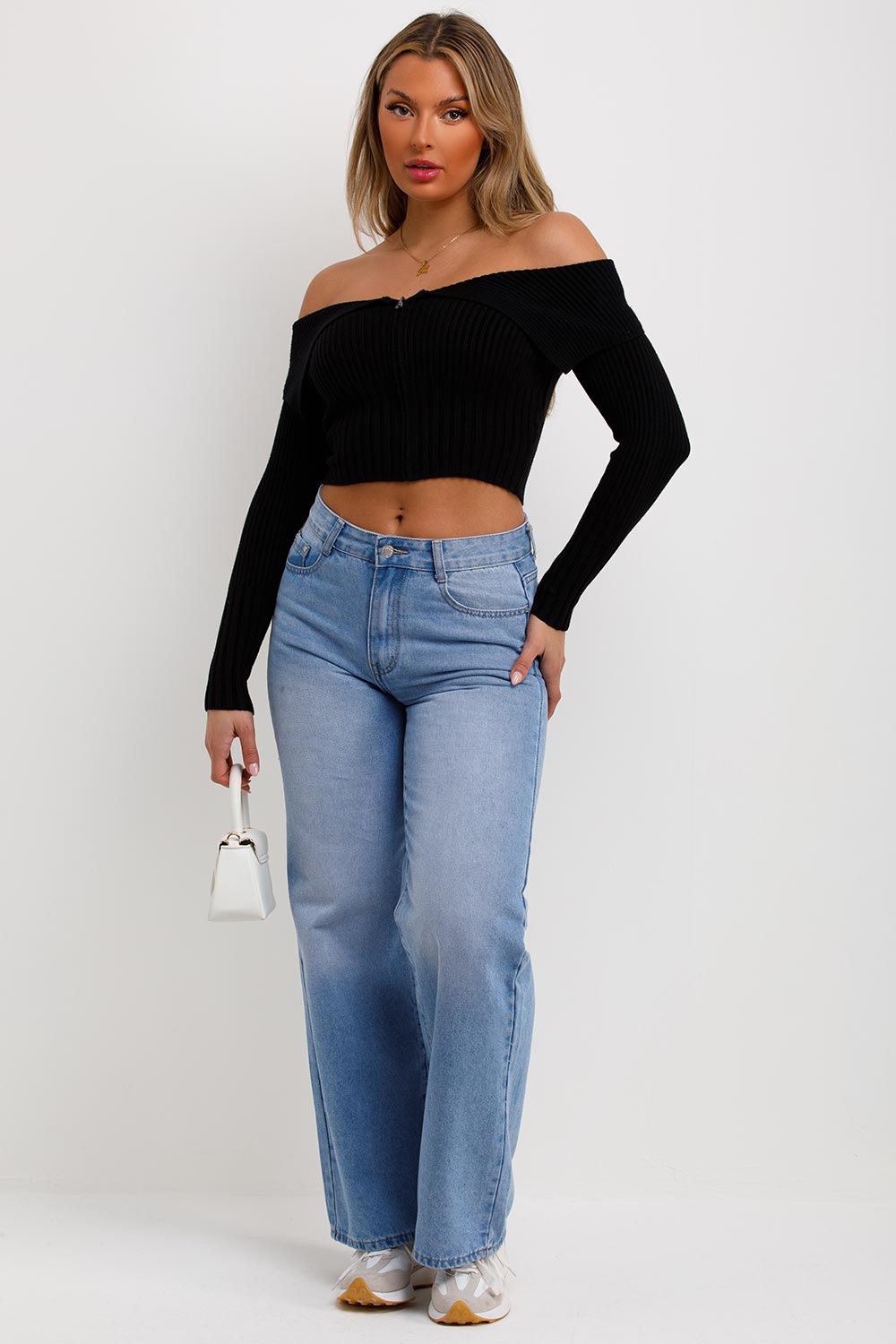 zip front off shoulder long sleeve jumper