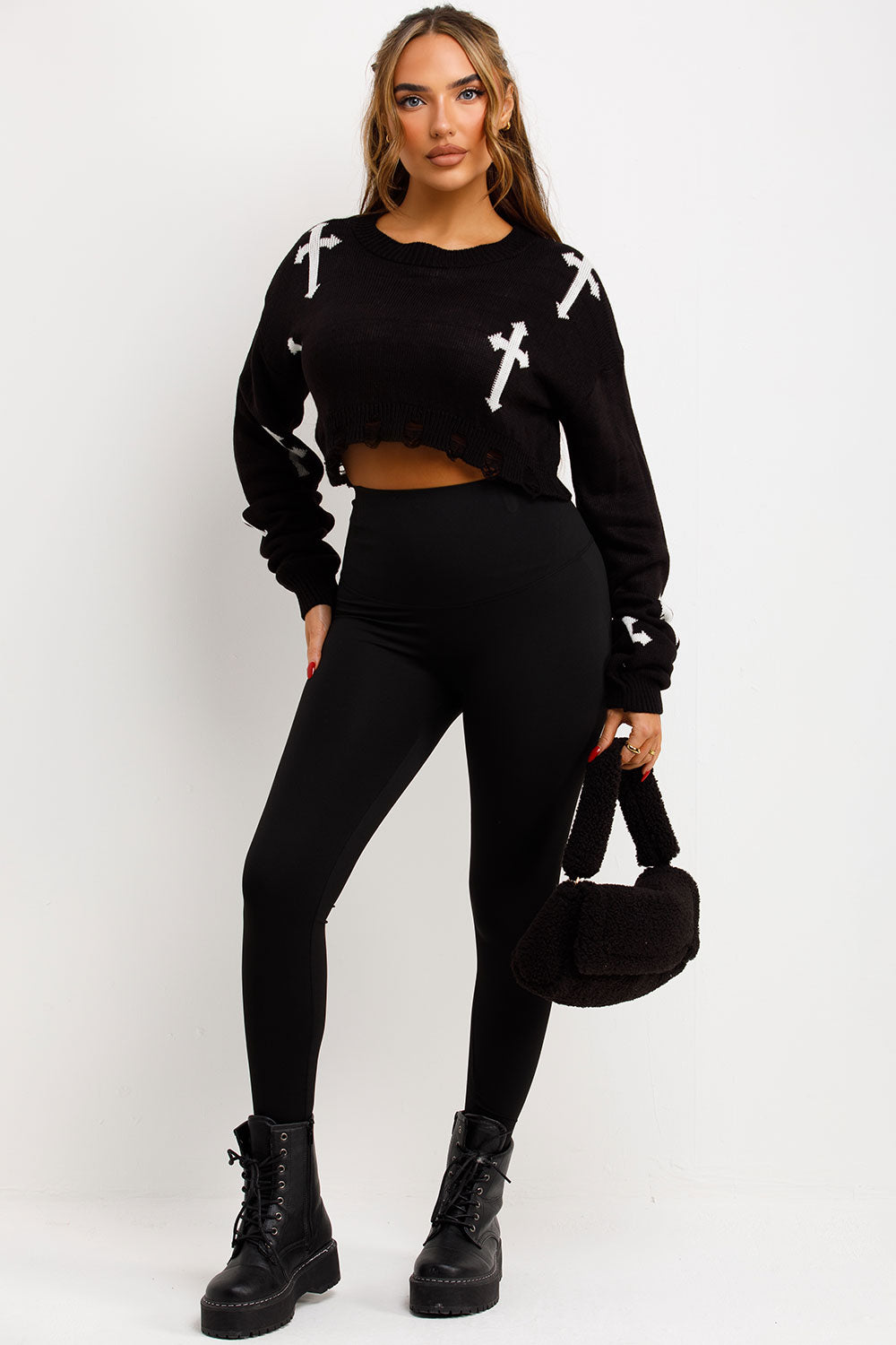 black crop knitted jumper with crosses styledup