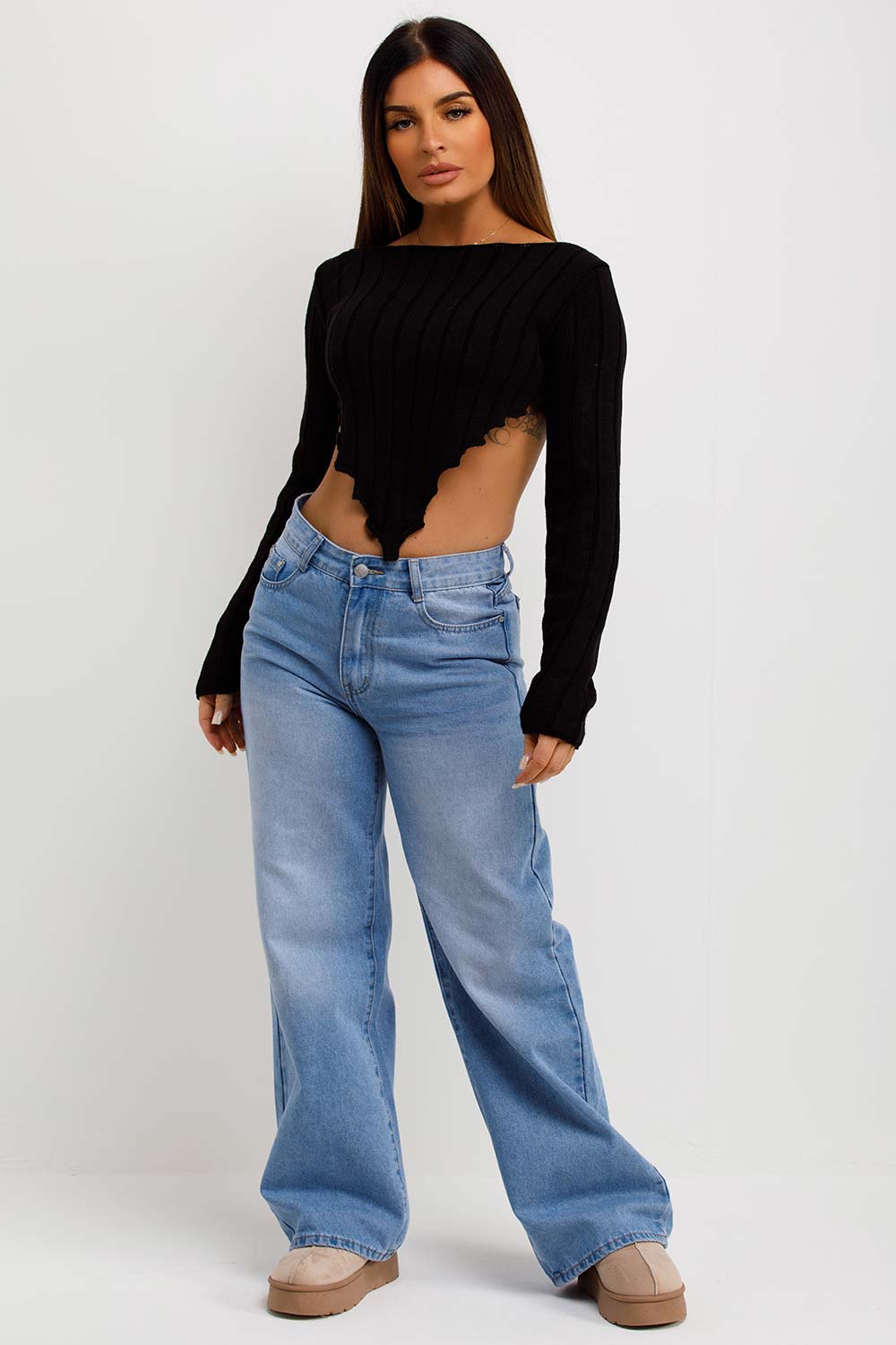 womens crop knitted jumper with long sleeves and dip hem