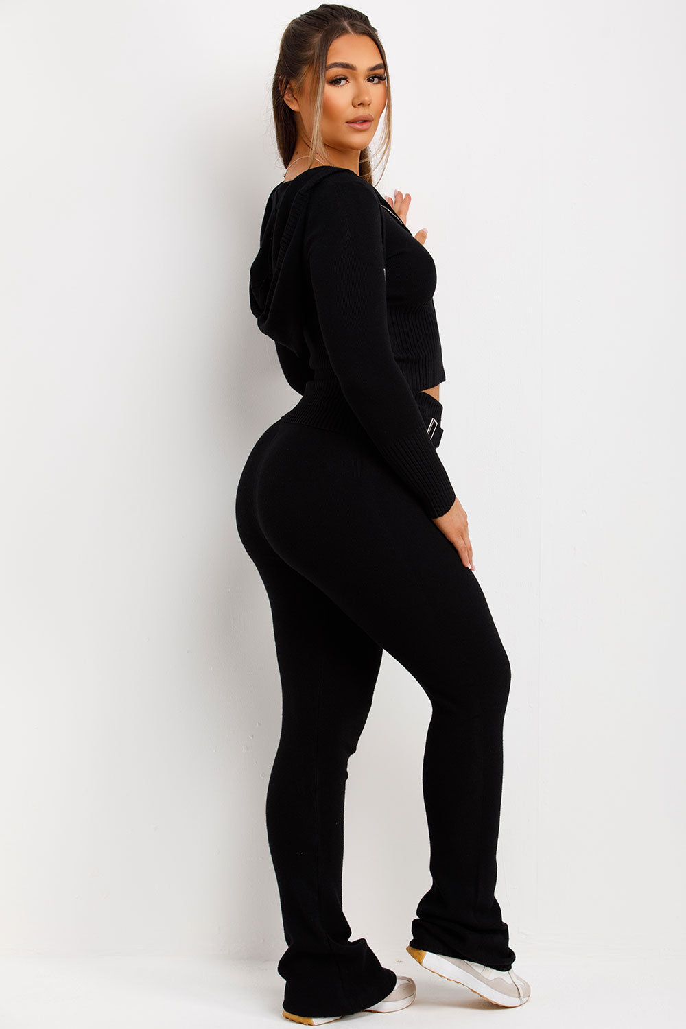 womens fold over waist buckle detail skinny flare trouser and crop zip up hoodie co ord set