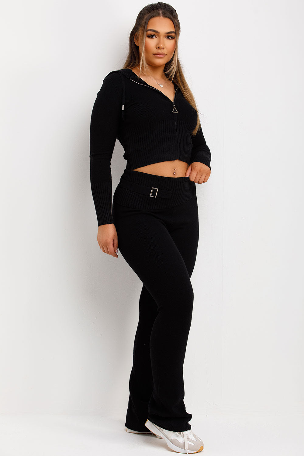 fold over detail flare trousers and crop hoodie two piece tracksuit set black