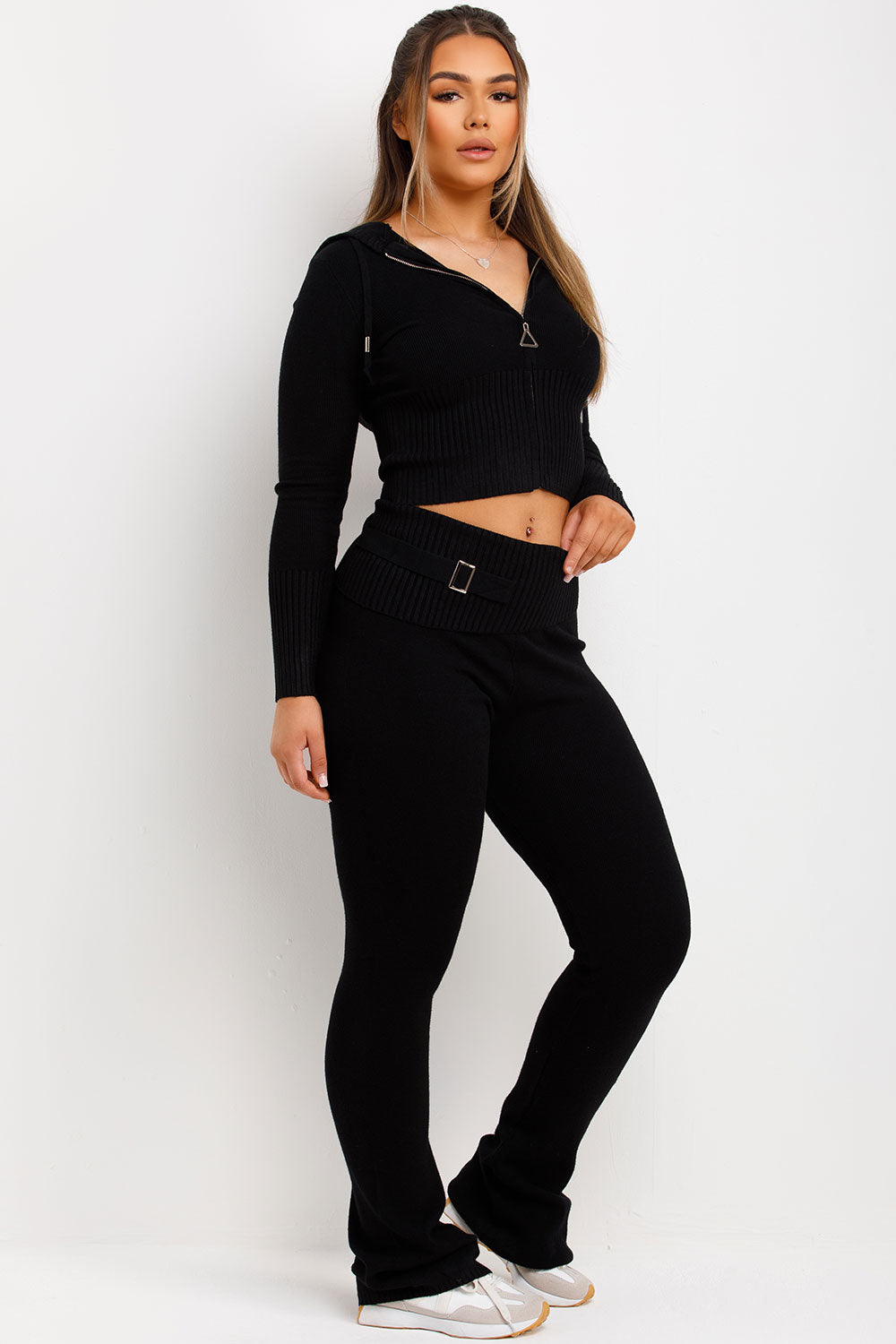 ribbed fold over waist flare yoga pants and crop zip up hoodie co ord airport outfit