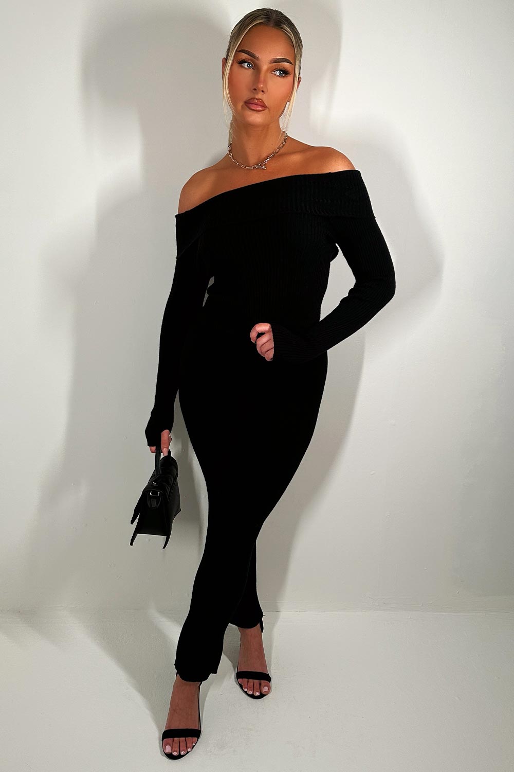 fold detail off shoulder ribbed top with long sleeves and matching trousers two piece set going out outfit