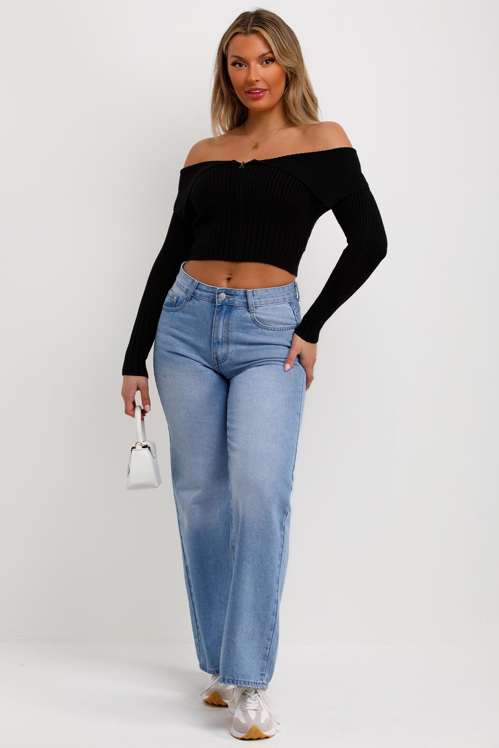 womens black off shoulder long sleeve jumper