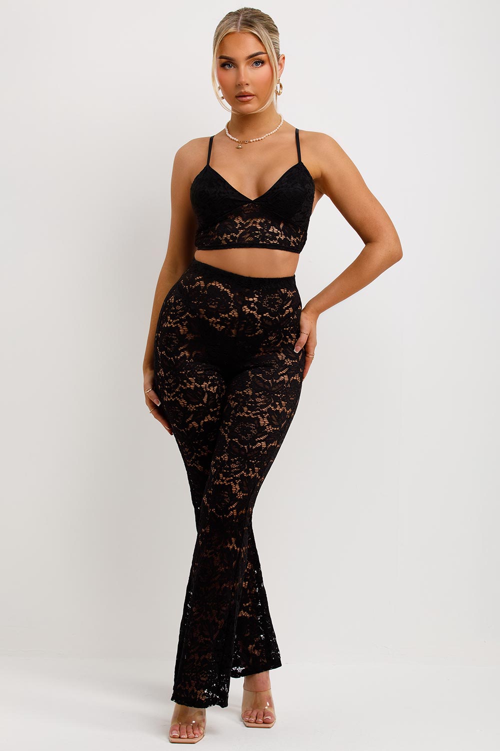 womens sheer lace crop top and trousers set festival rave party outfit