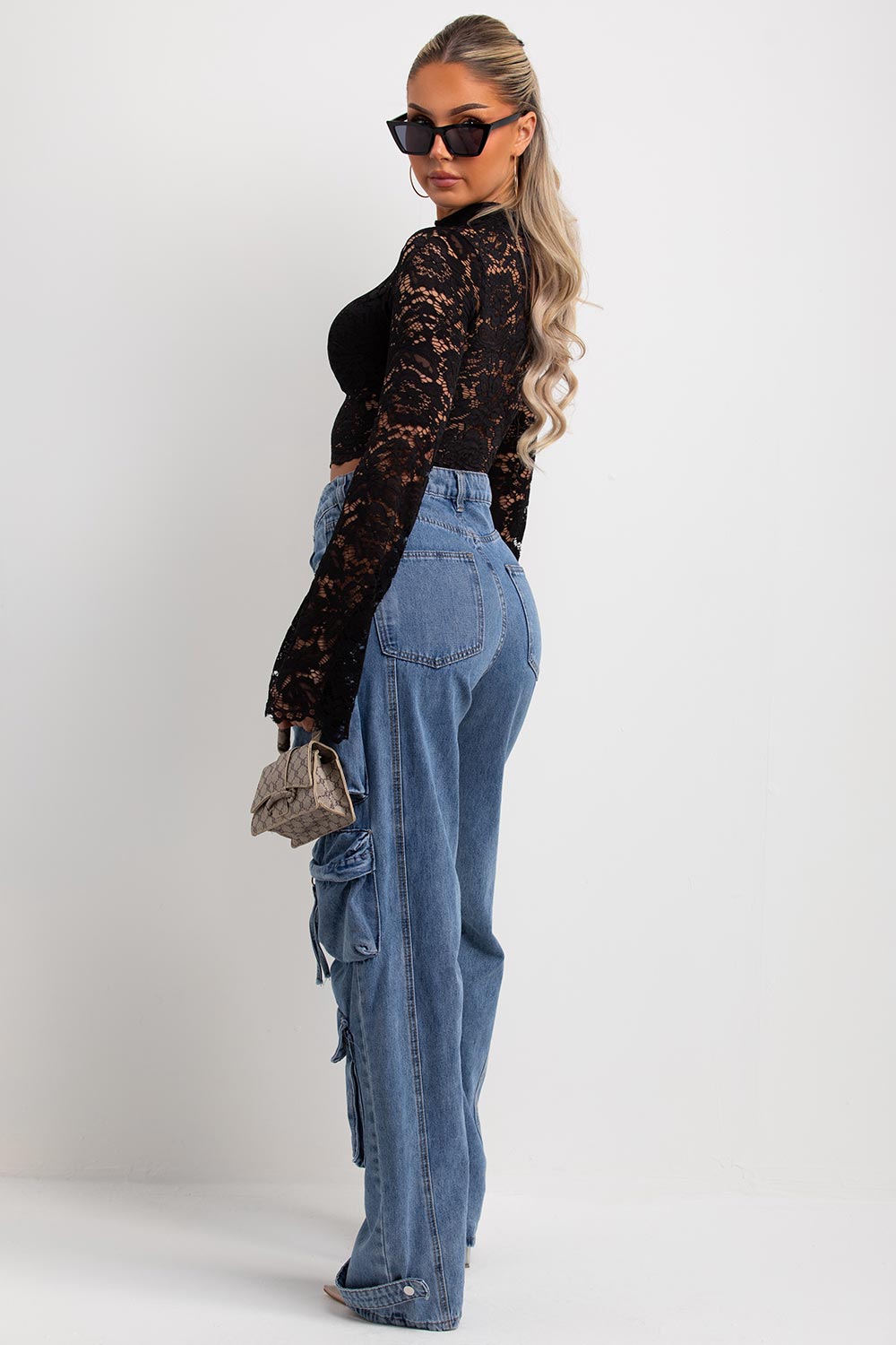 womens black long sleeve lace top going out outfit