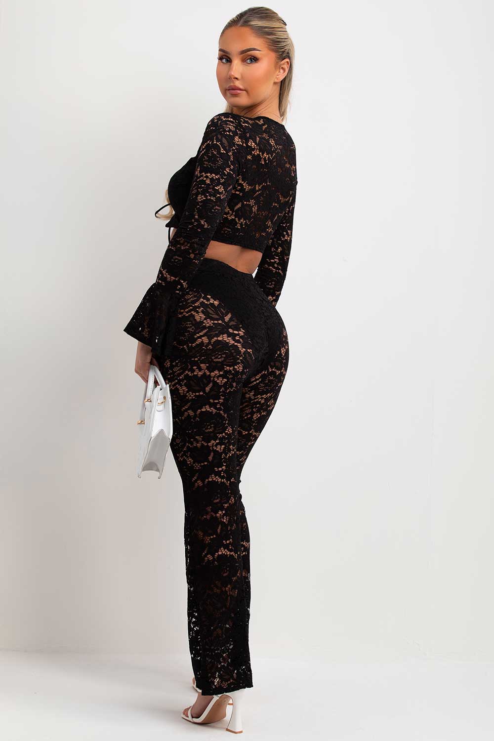 womens lace flare trousers and long flare sleeve lace up front crop top co ord set going out summer holiday rave festival outfit