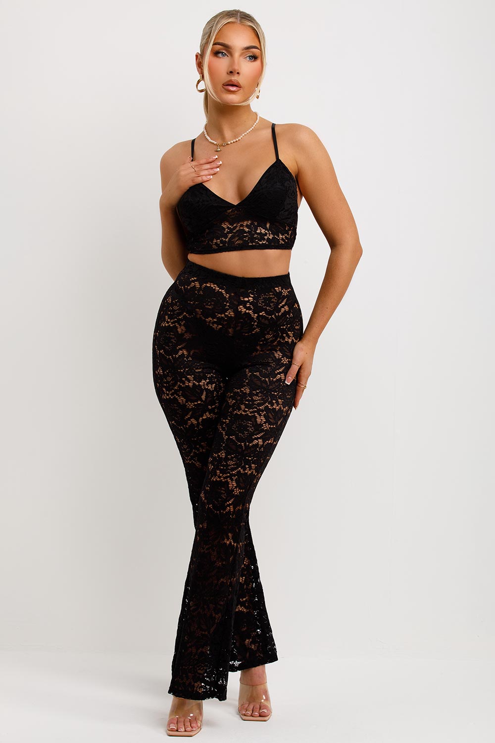 black lace trousers and top set festival rave party outfit