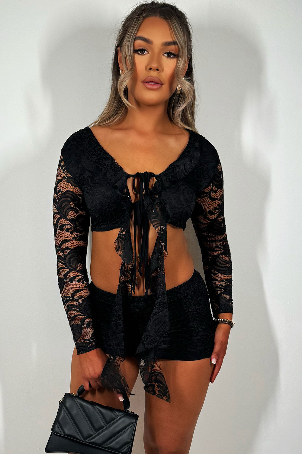 lace long sleeve frill tie front crop top and mini skirt co ord set