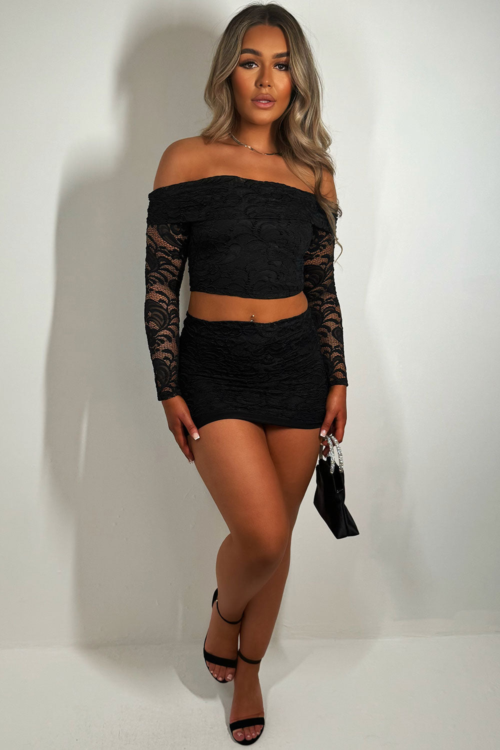 lace mini skirt and fold over detail off shoulder top co ord set