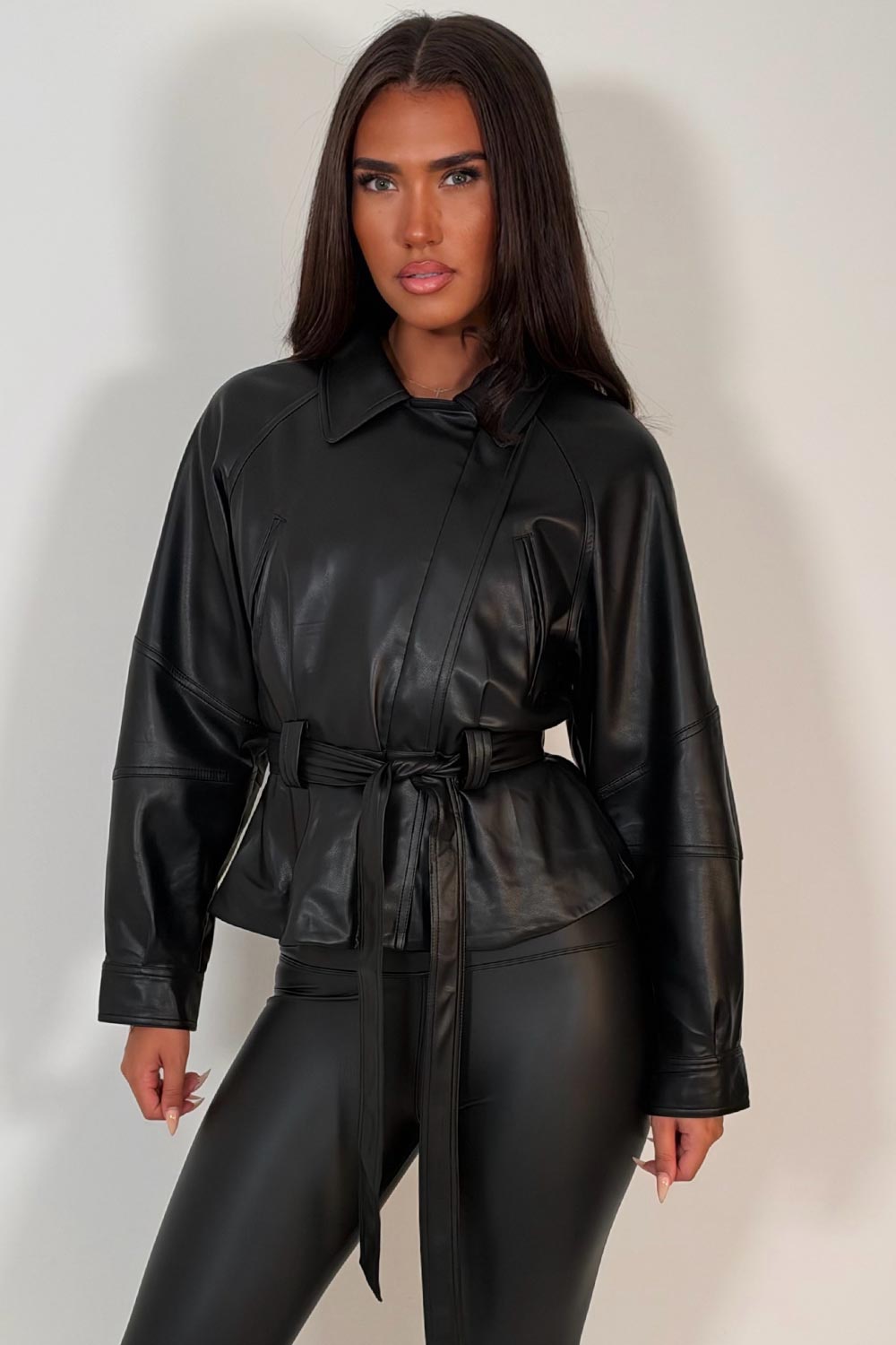womens black faux leather jacket with lapel collar styledup uk