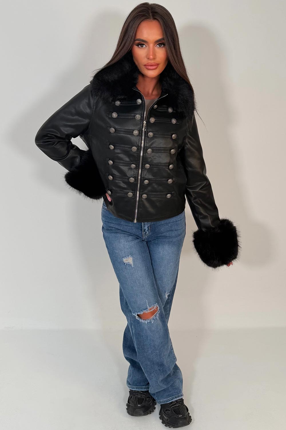 faux leather faux fur cuff faux fur collar jacket womens zara uk