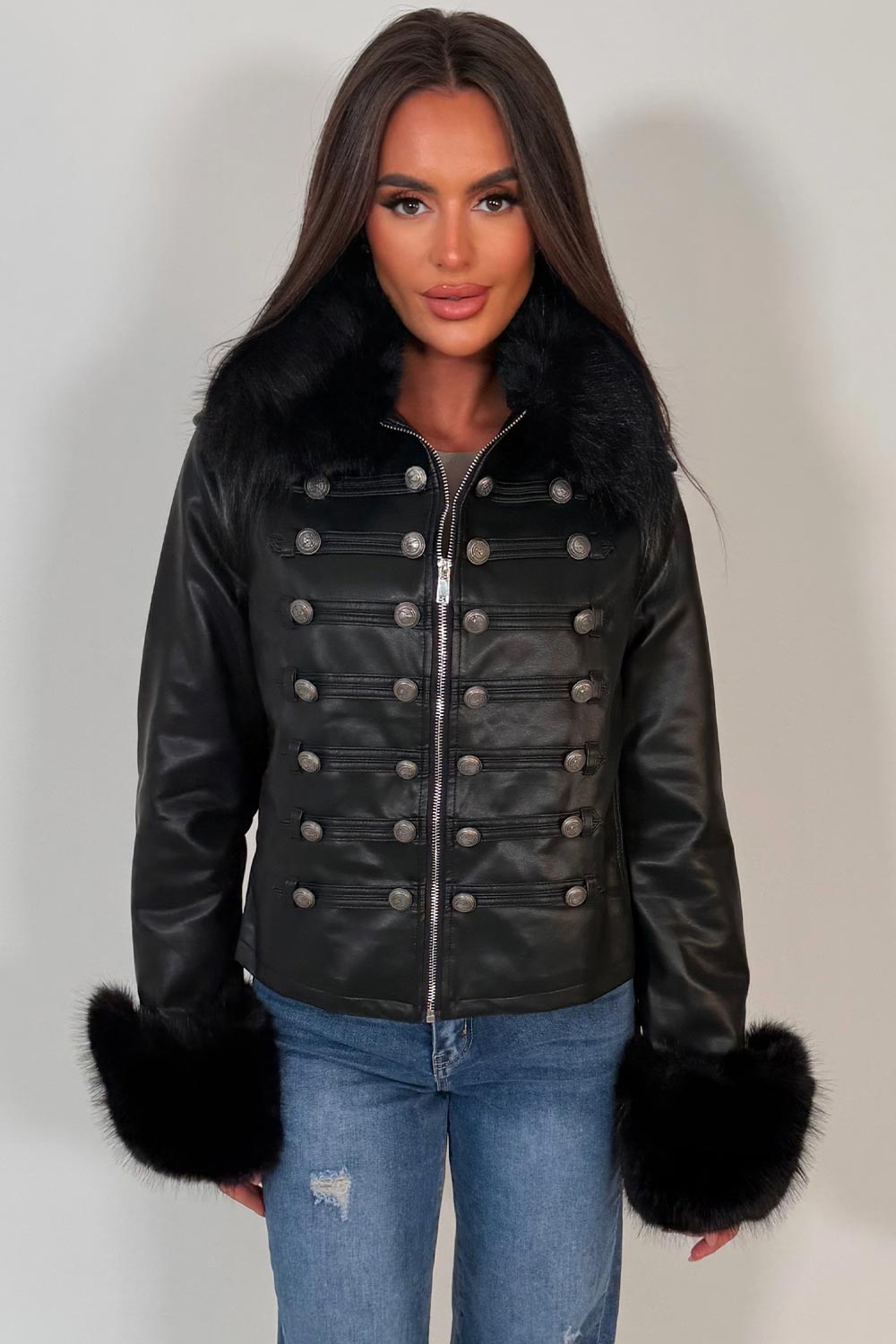womens black fur cuff collar military jacket in faux leather zara uk