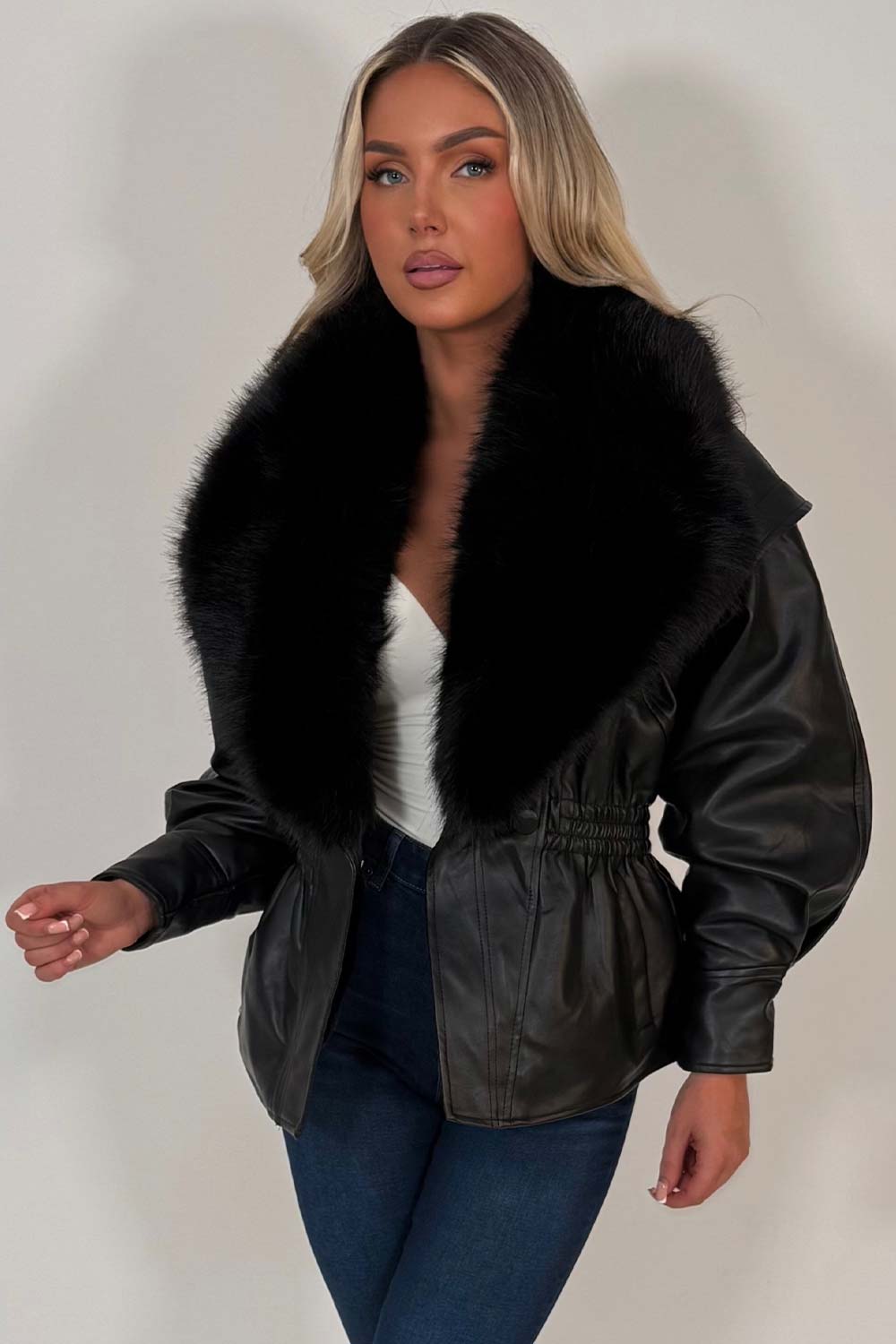 womens black faux leather jacket with faux fur collar styledup winter outerwear uk