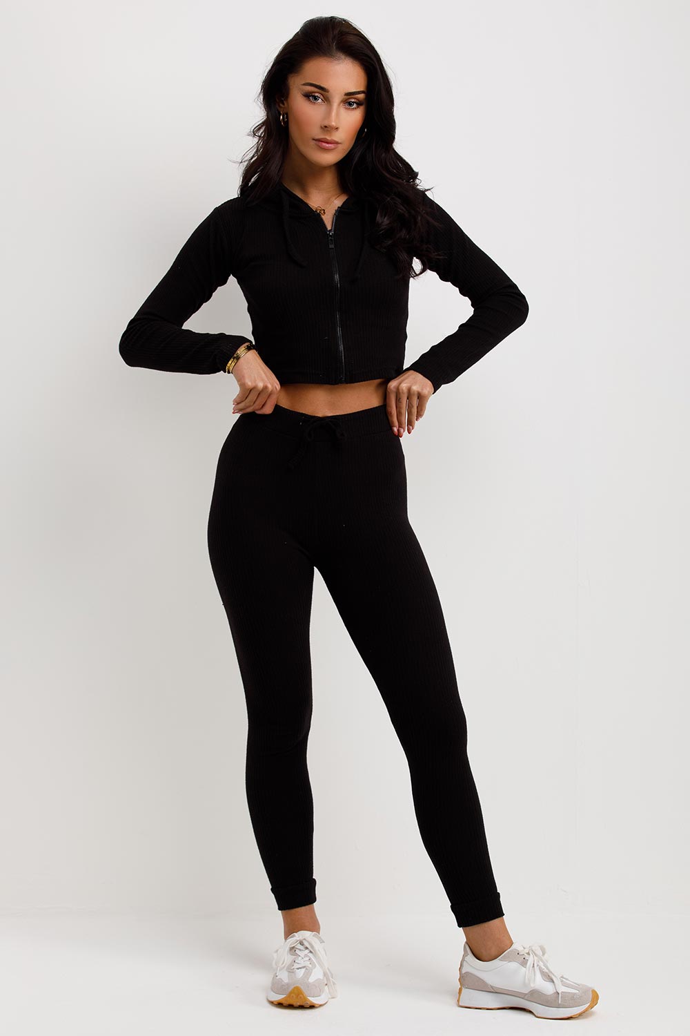 womens black zip front crop hoodie and high waist leggings tracksuit set