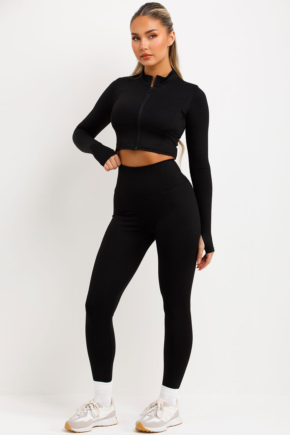 womens sport zip up jacket bralette and leggings three piece matching outfit set