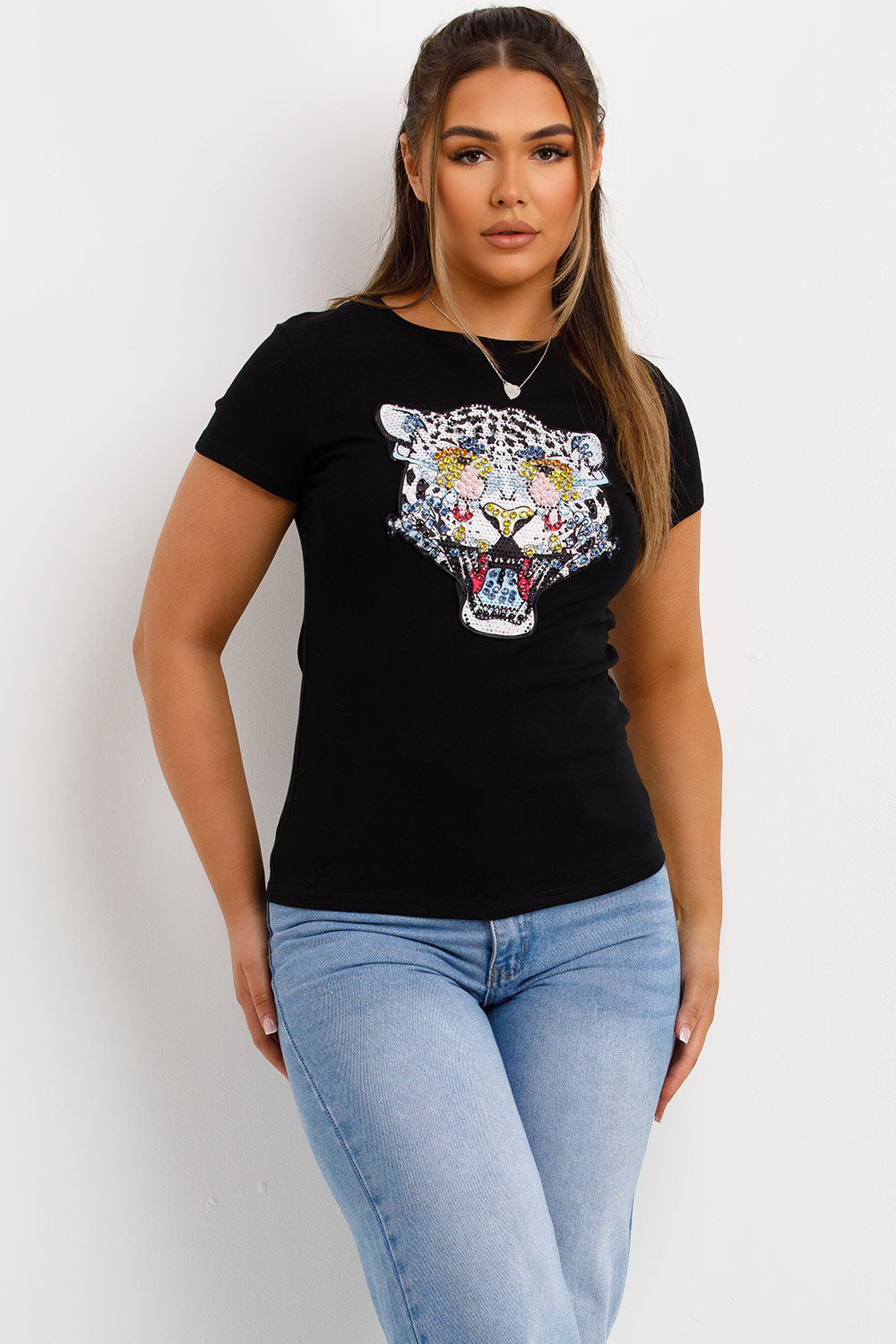 womens white t shirt with diamante tiger detail