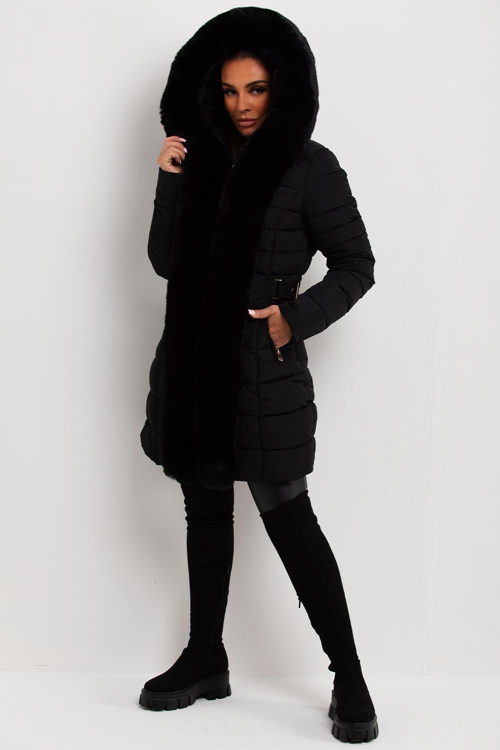 fur hood and trim puffer coat womens outerwear